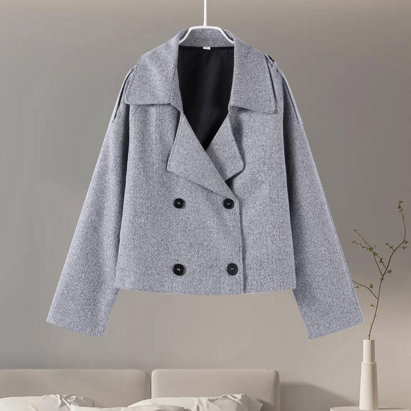 

Двубортное однотонное женское шерстяное пальто с лацканами, длинный рукав, свободная женская короткая куртка, осень-зима, повседневная универсальная верхняя одежда L серый