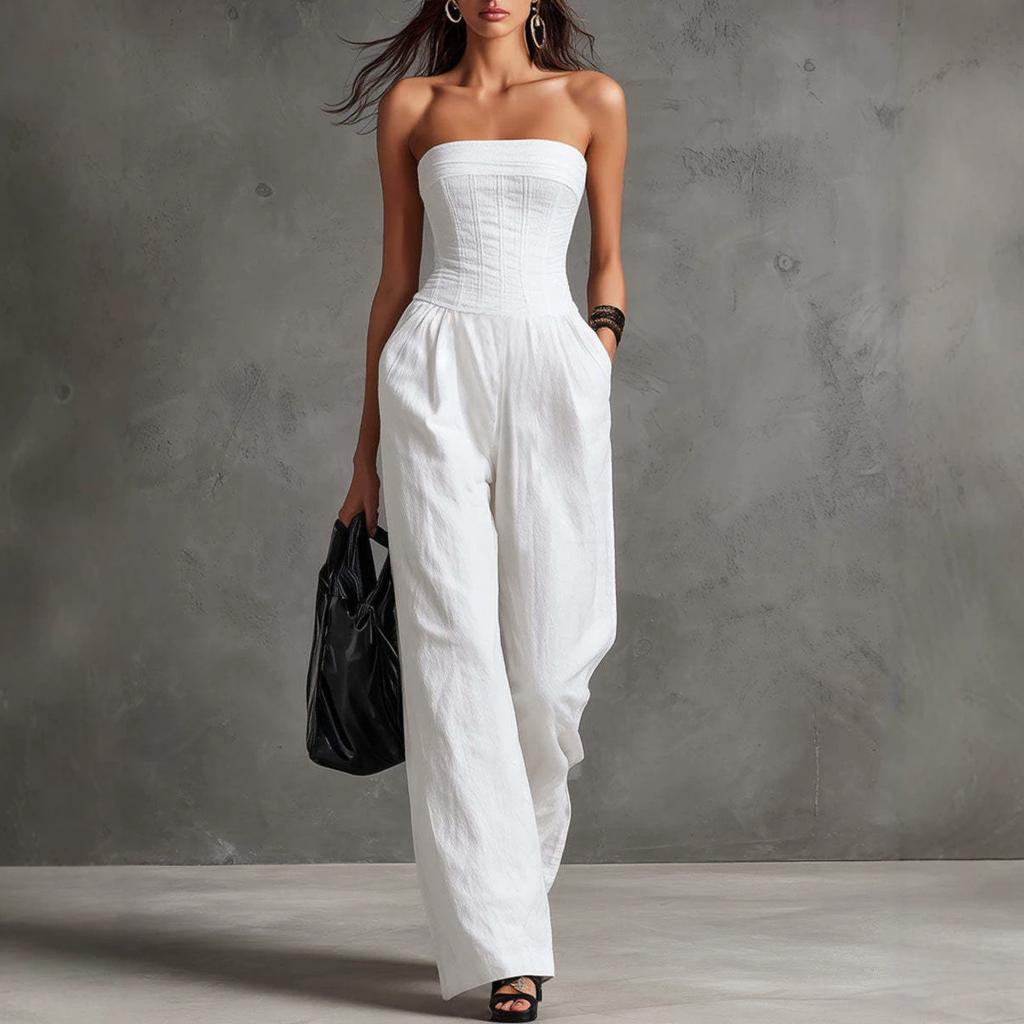 Women's Strapless Cotton Linen Jumpsuit Vintage Style Sleeveless Wide Leg Outfit for Casual or Formal Occasions