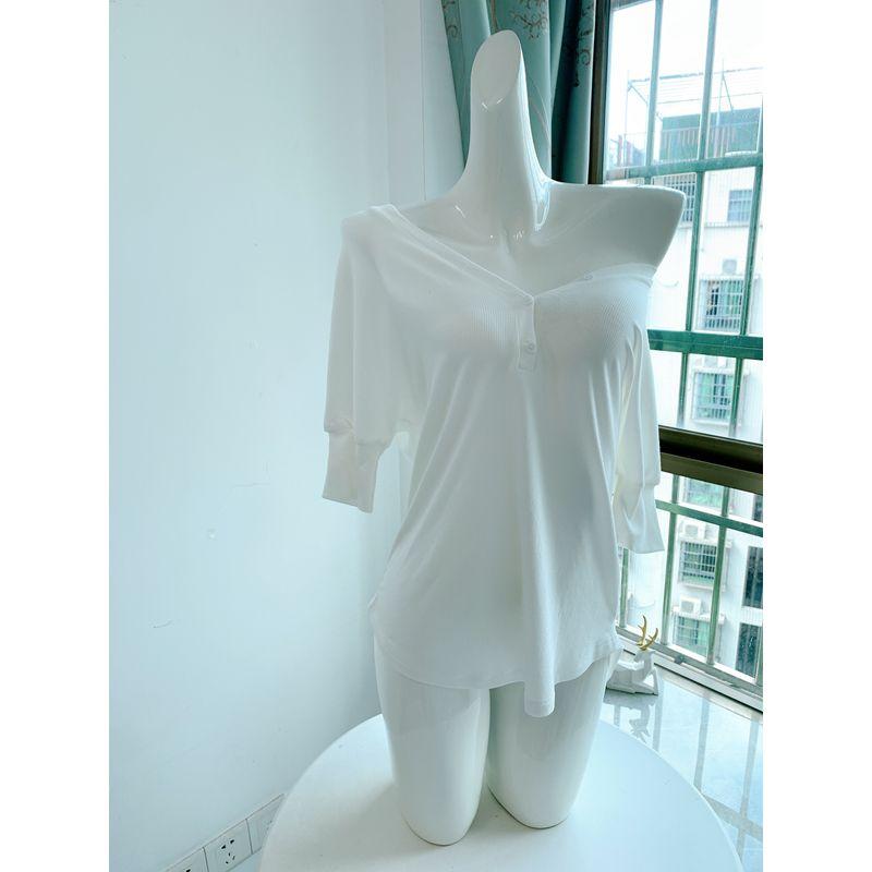 

Xu I Dazzling Zhao Lusi Same Style White V Neck Buckle Knitwear Spring and Summer Outer Wear Underwear Loose Lazy Top Tops [threaded Knitting with Drape half sleeve]] S