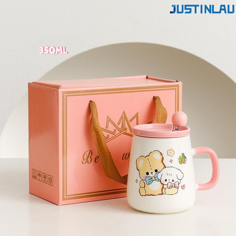 

350ML Cute Cartoon Ceramic Milk Cup with Lid and Spoon Mugs Coffee Cups Suitable for Home Use Mug Gift Box Packaging 350ml
