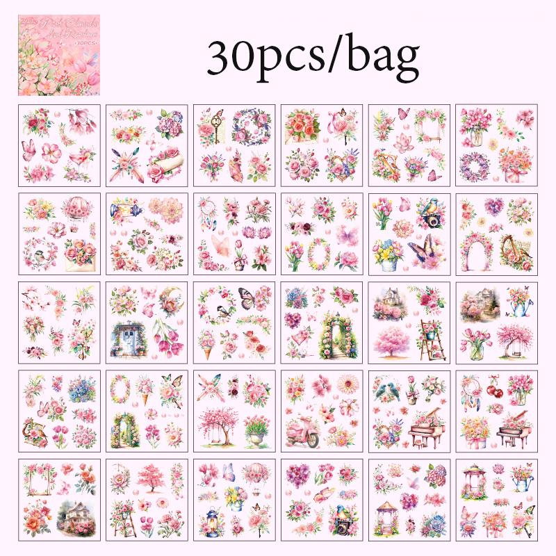 30 Blätter/Packung Schmetterlings-Blumen-Thema-Aufkleberbuch Kreatives Handbuchmaterial DIY-Bilderbuch-Kalender-Sammelalbum-Fotorahmen-Aufkleber