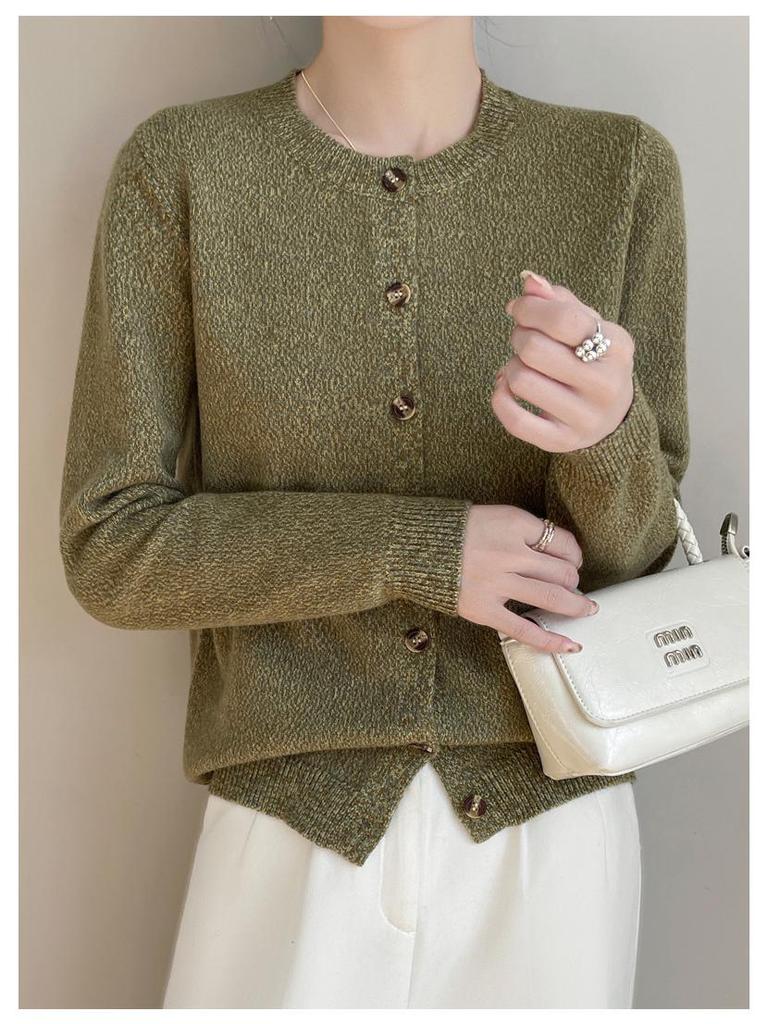 Jaro 2025 Retro Sametový Pletený Kardigan s Kulatým Výstřihem - Prostorově Barvený Volný Střih pro Ženy