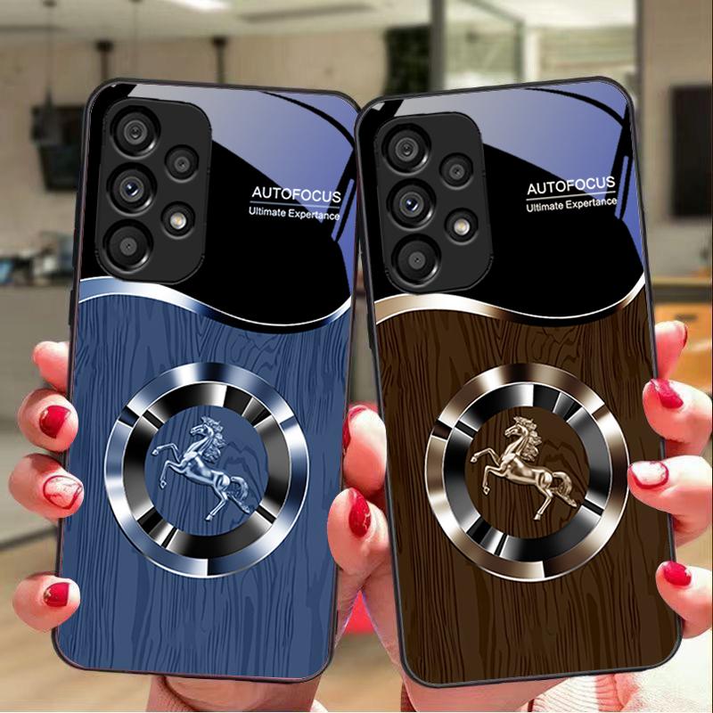 Holzmaserung Pferd Für Samsung Galaxy S 8 9 10 20 Plus 21 FE 22 23 24 Ultra S7 Edge Schwarz Gehärtetes Glas Handyhülle Hartschale