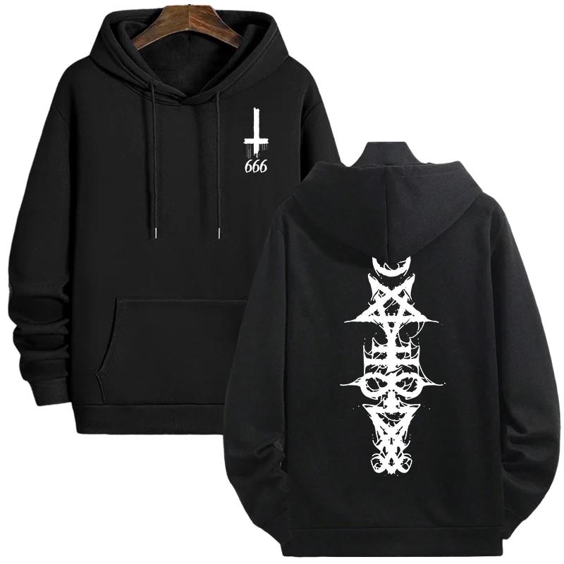 Mens Gothic Hoodie Satanic Symbol Print Street Fashion Warm Pullover Unisex Oversized Sweatshirt Outerwear Autumn Winter Outwear