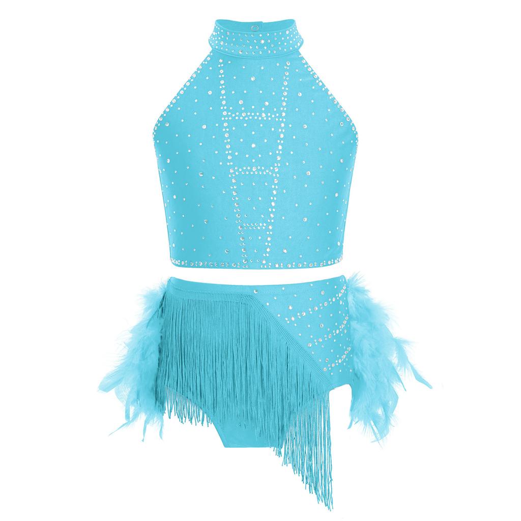 Girls Shiny Tassel Feather Latin Dress Halter Sleeveless Strappy Back Crop Top Skirt Set