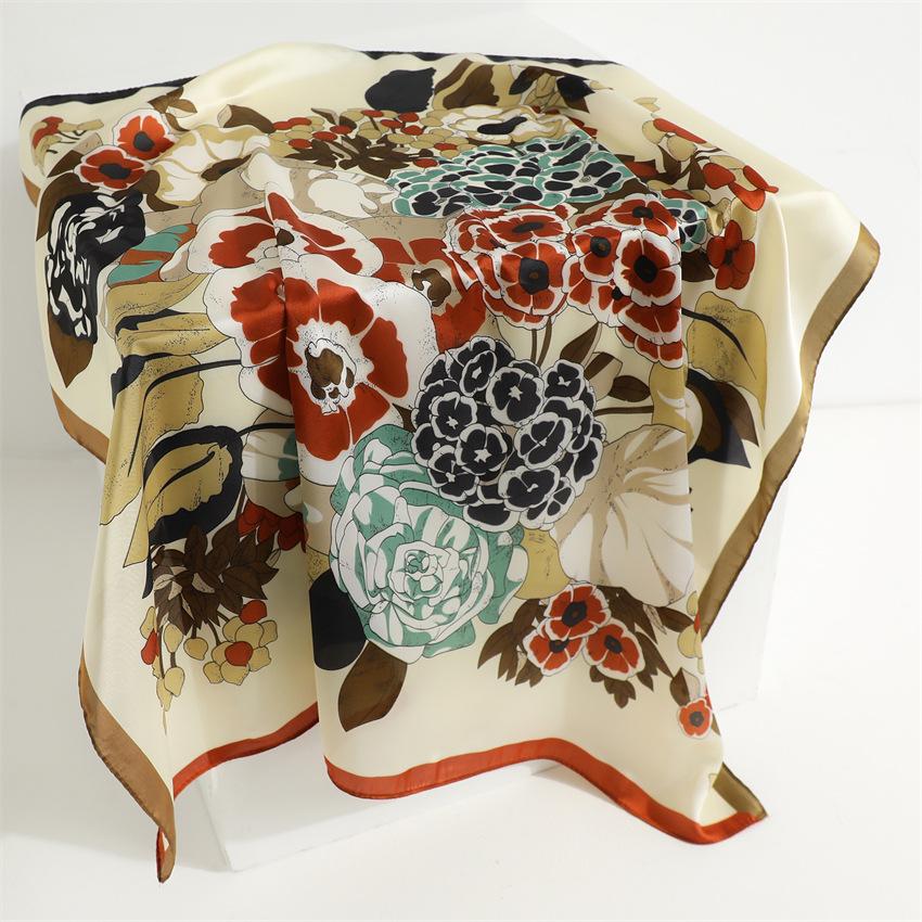 French pastoral flower new square scarf spring and summer imitation silk temperament versatile flower silk scarf women's thin scarf sun protection tow