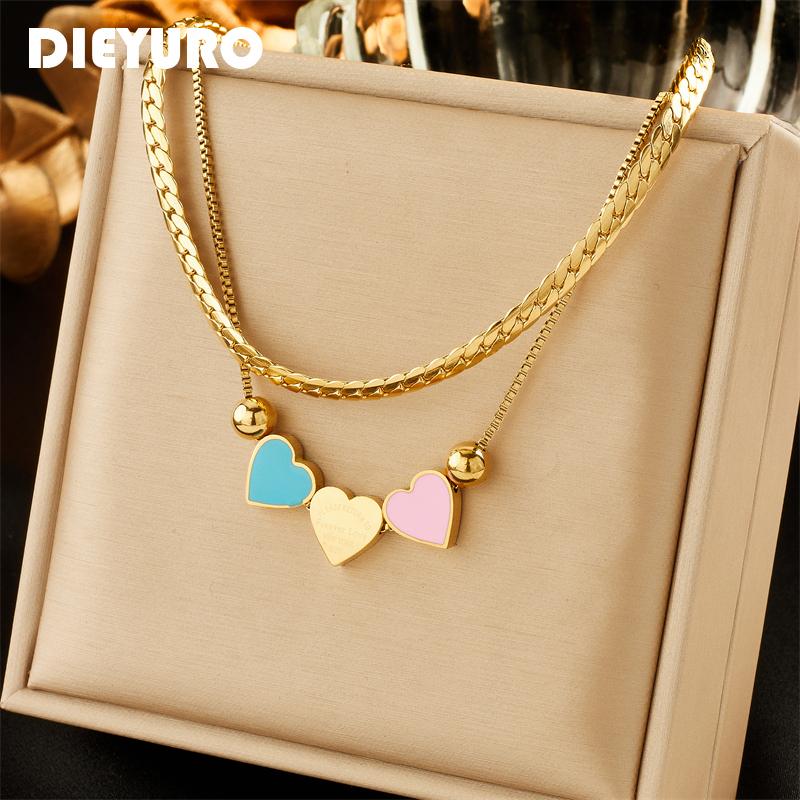 DIEYURO 316L Stainless Steel Double Layer Lovely Heart Charm Necklace For Women Girl Fashion 2in1 Chains Non-fading Jewelry Gift