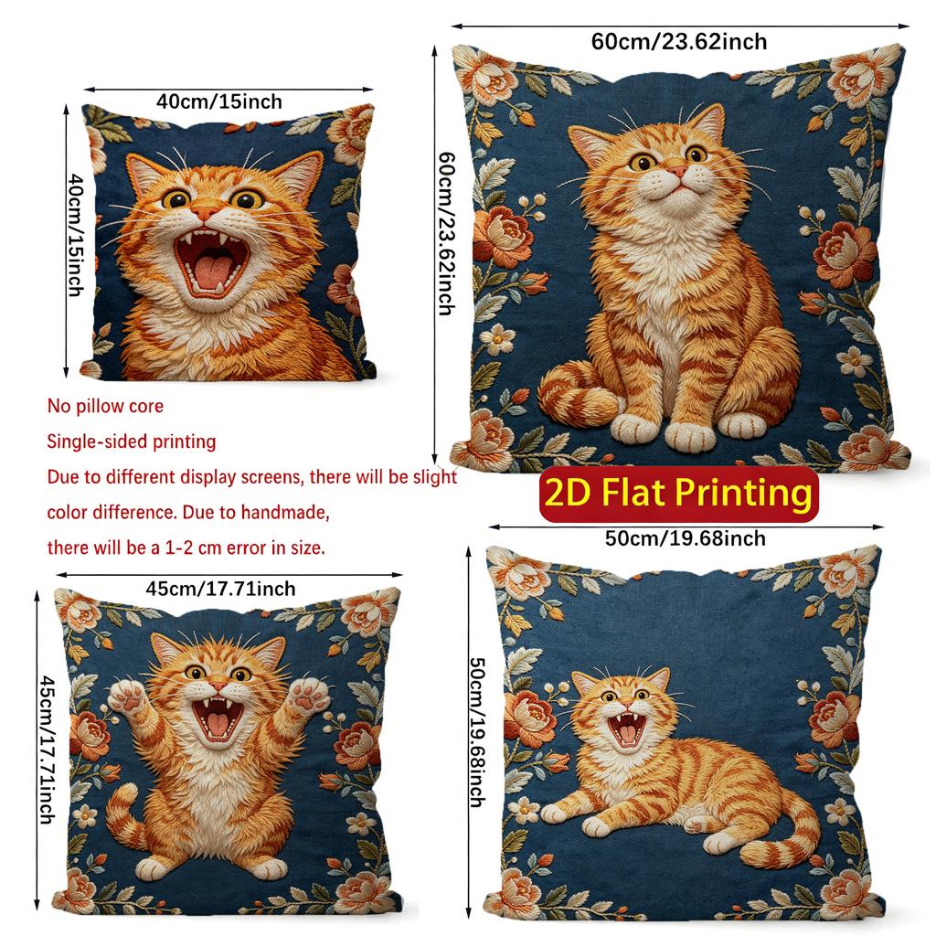 Vintage Floral Orange Cat Decorative Throw Pillow Covers Pattern Cushion Cover Suitable for Sofa Bedroom Car Pillow Cover