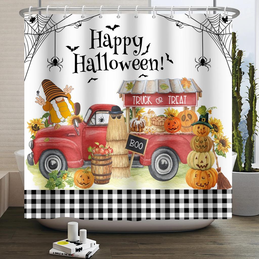 Halloween Shower Curtain Funny Horror Pumpkin Bat Cartoon Cat Happy Halloween Bathroom Curtain for Kids Waterproof Bath Curtain