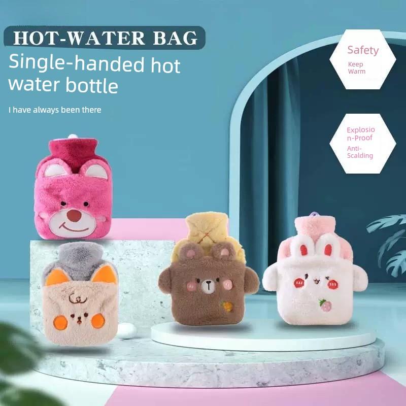 Trendy New Style Water-Filled Hot Water Bottle with Rabbit Fur, Single-Hand Insert Hand Warmer, Cute Cartoon Water-Filled Hot Water Bag for Students