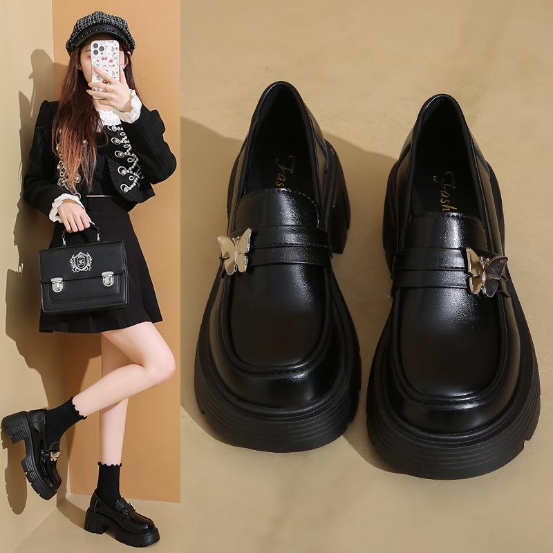 French Platform British Style Small Leather Shoes for Women 2025 Autumn New Black One-pedal Butterfly Single Shoes Loafers for Women