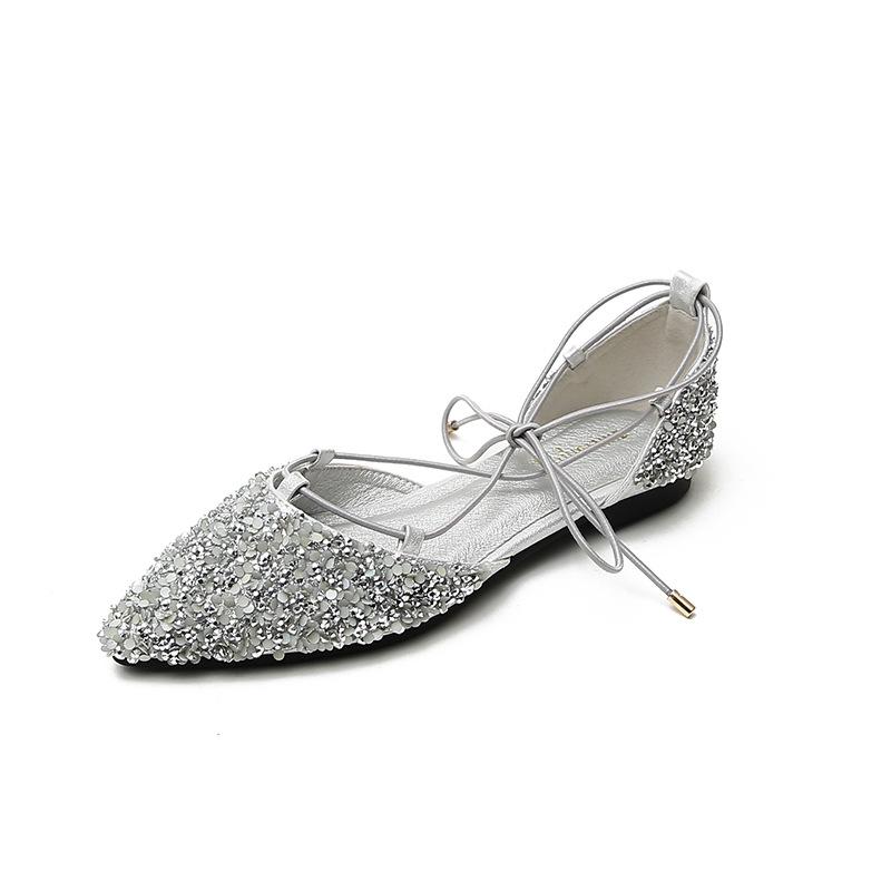 Fashion 2025 Women Luxury Rhinestone Ballet Flats Cross-Tied Lace Up Flat Shoes Woman Crystal D'orsay Wedding Shoes Glitter Sliver Mules