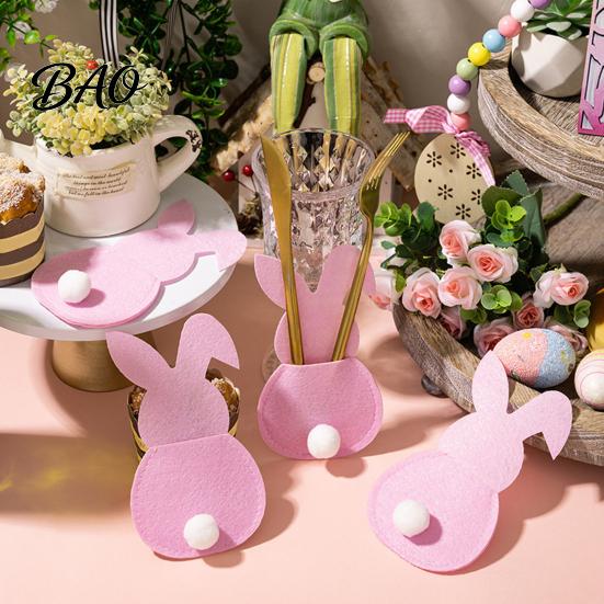 Easter Dinner Table Decor 4 Pcs Bunny Cutlery Holders, Felt Tableware Pouch Bags, Cute Rabbit Utensil Holiday Party Supplies Sleeve, Spring Fork Spoon