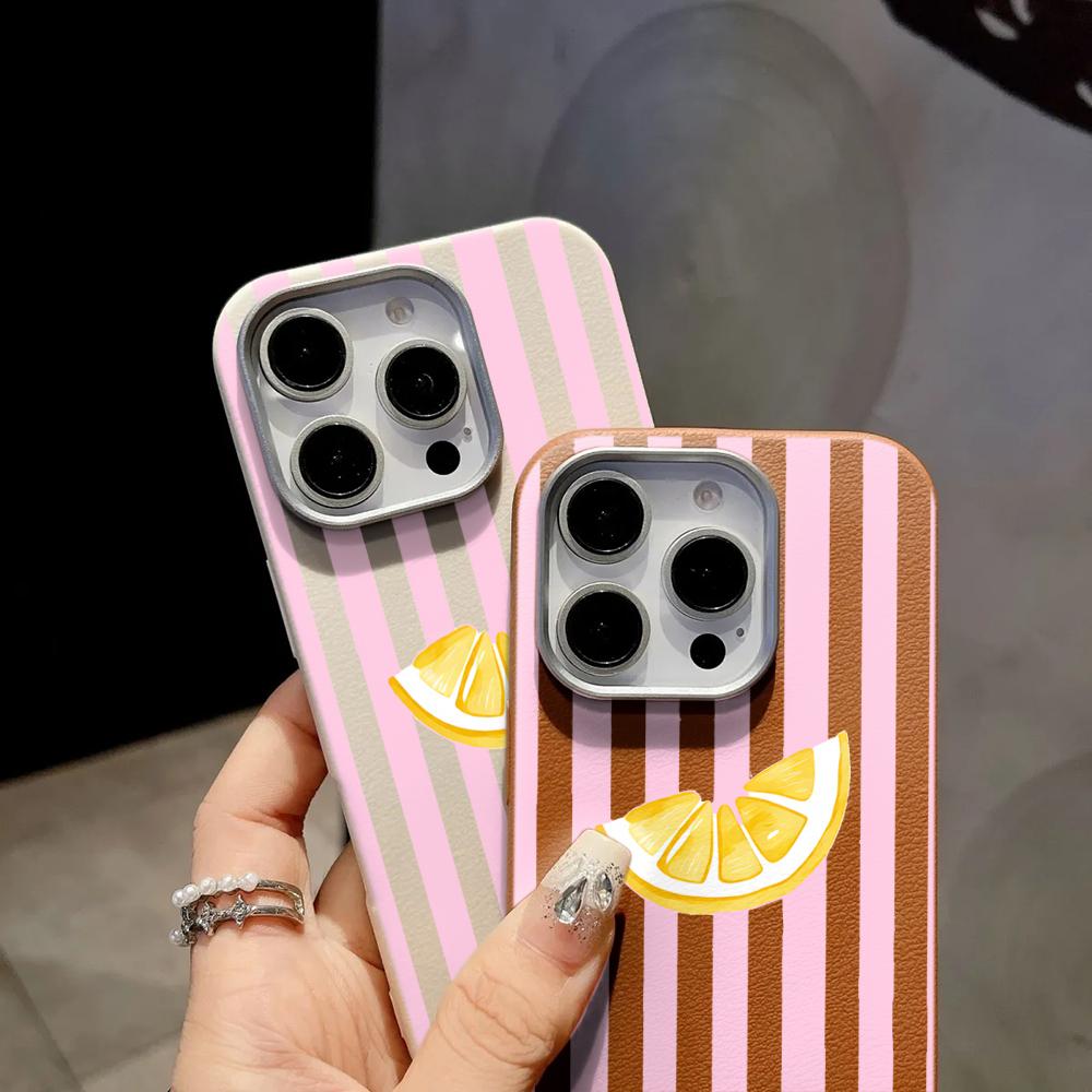 Lemon Pink Stripes Soft Phone Case For Samsung Galaxy A16 A35 A54 A55 5G S26 S22 S23 FE S24 Plus S25 Ultra Leather Texture Funda