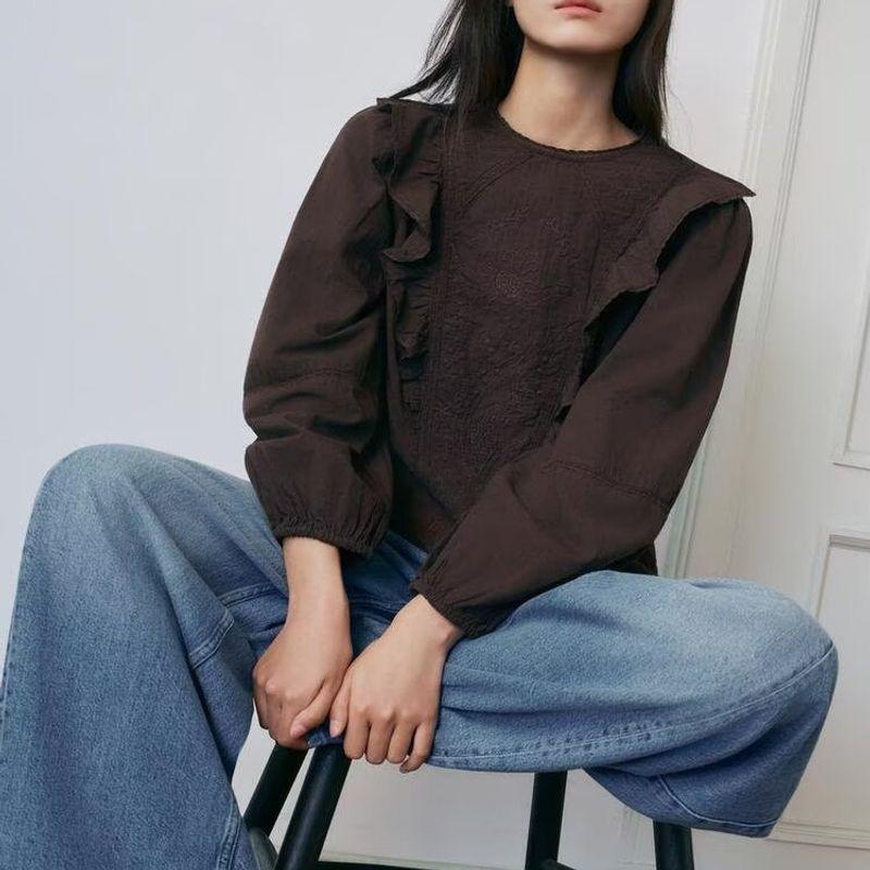 Za Autumn New Women Clothes 2025 Western Style Round Neck Flower Embroidery Laminated Decoration Shirts 7200226