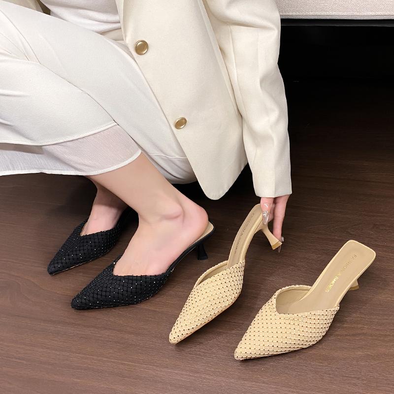 Fashion Crystal Pointed Toe High Heels Women Slippers Sexy Mules Shoes New Style Sandals Trend Dress Party Summer Slingback Woman Pumps