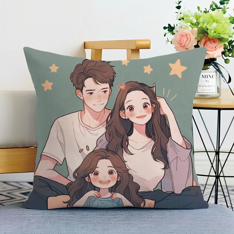 Happy Family Print Decorative Pillowcase Bedroom Living Room Square Cushion Pillowcase