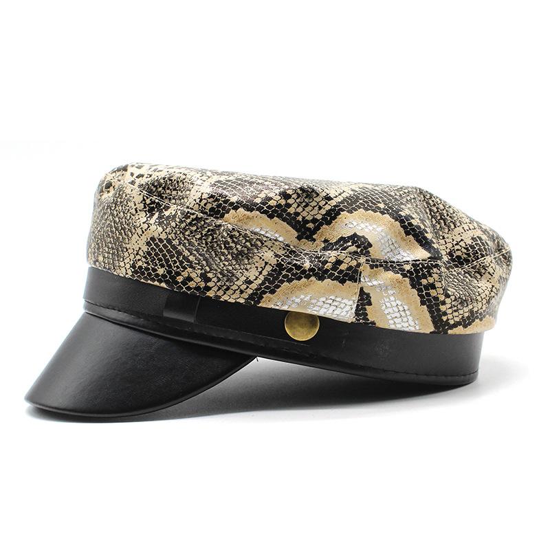 Flat Top Snakeskin Leather Navy Hat Spring Style Cap British Style Versatile Beret