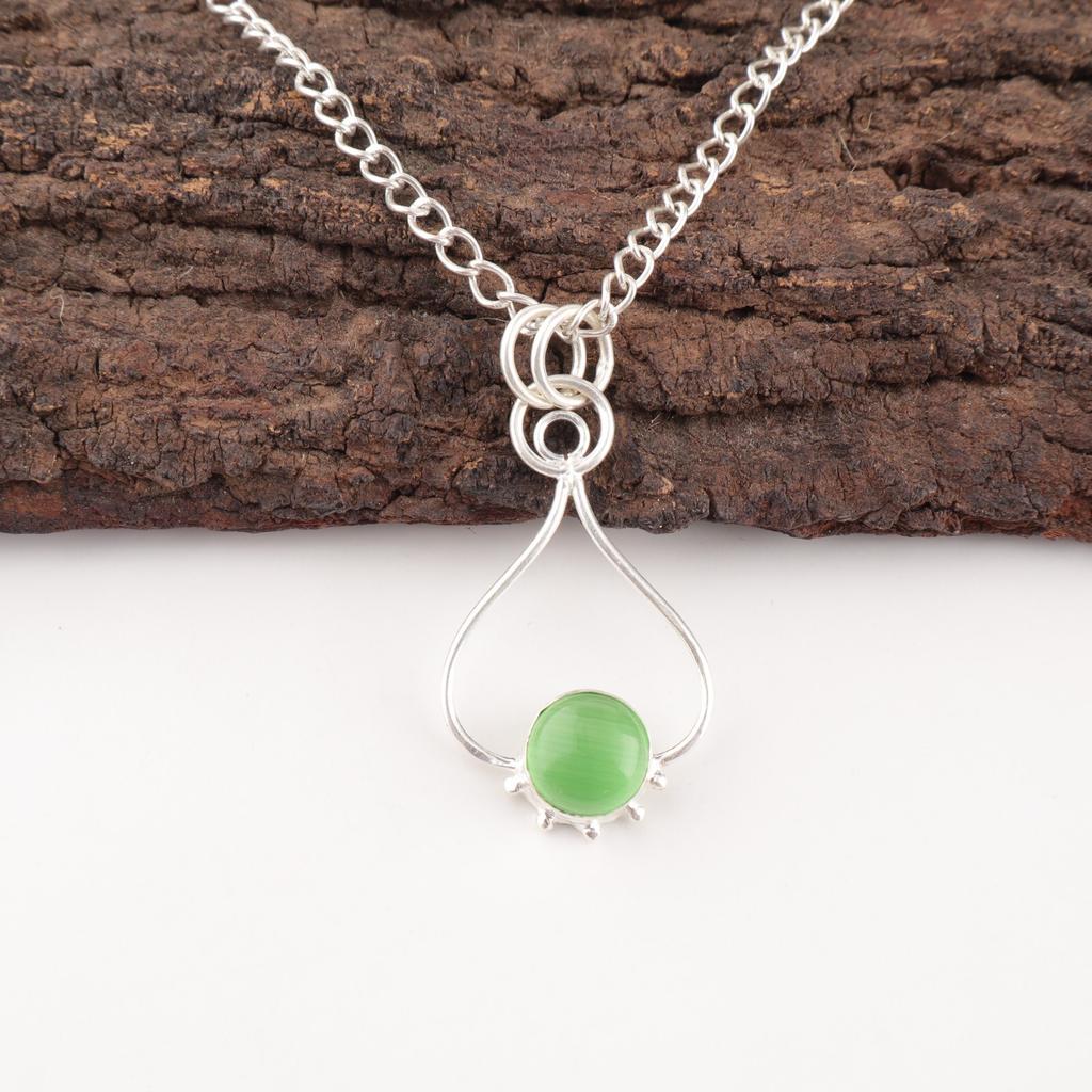 Natural Green Cat's Eye Gemstone 925 Solid Silver Jewelry Light Weight Pendant PP-40-44