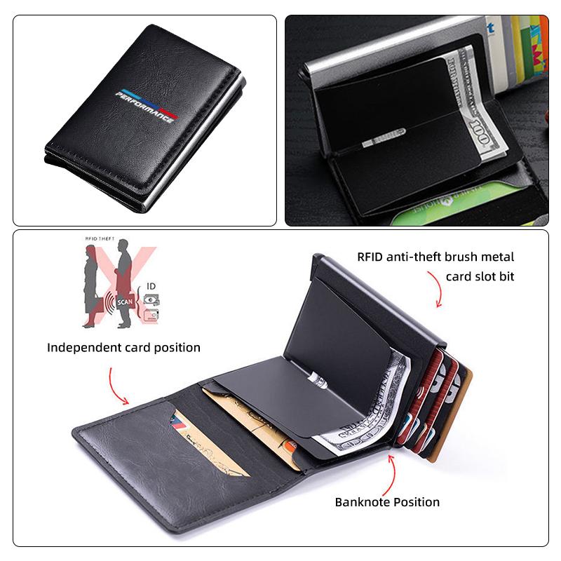 ZDNE2 Car Leather Pop Up Wallet RFID Blocking Metal Double Card Case For BMW 1 3 5 Series G30 G32 G38 2021 2020 2019 2018 E46 E91