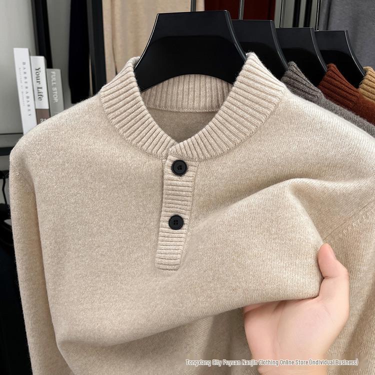 Men's Wool Sweater - Half-Button, Half-High Collar, Long Sleeve, Casual Knitwear for Autumn/Winter