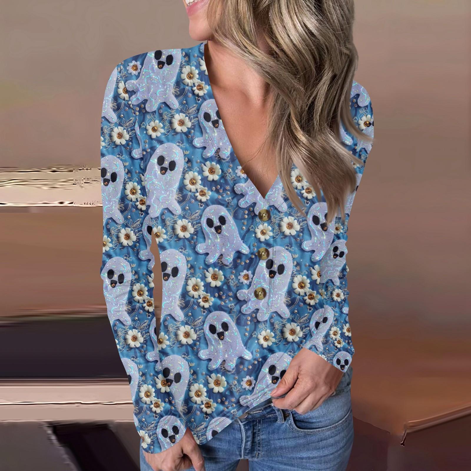 

Женский повседневный пуловер с V-образным вырезом и принтом на пуговицах на Хэллоуин S синий