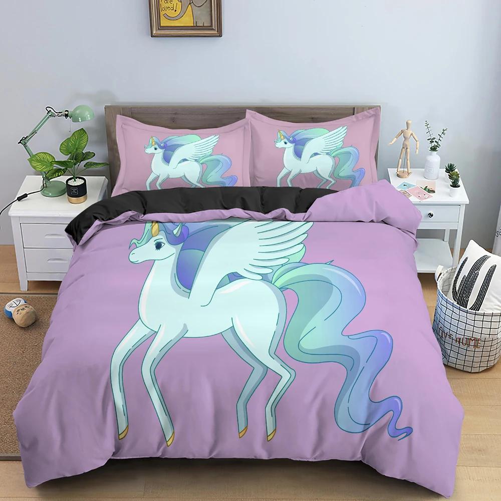 Unicorn Duvet Cover King Queen Cartoon Animal Bedding Set Kids Teens Adults Lovely White Magical Creatures Polyester Quilt Cover