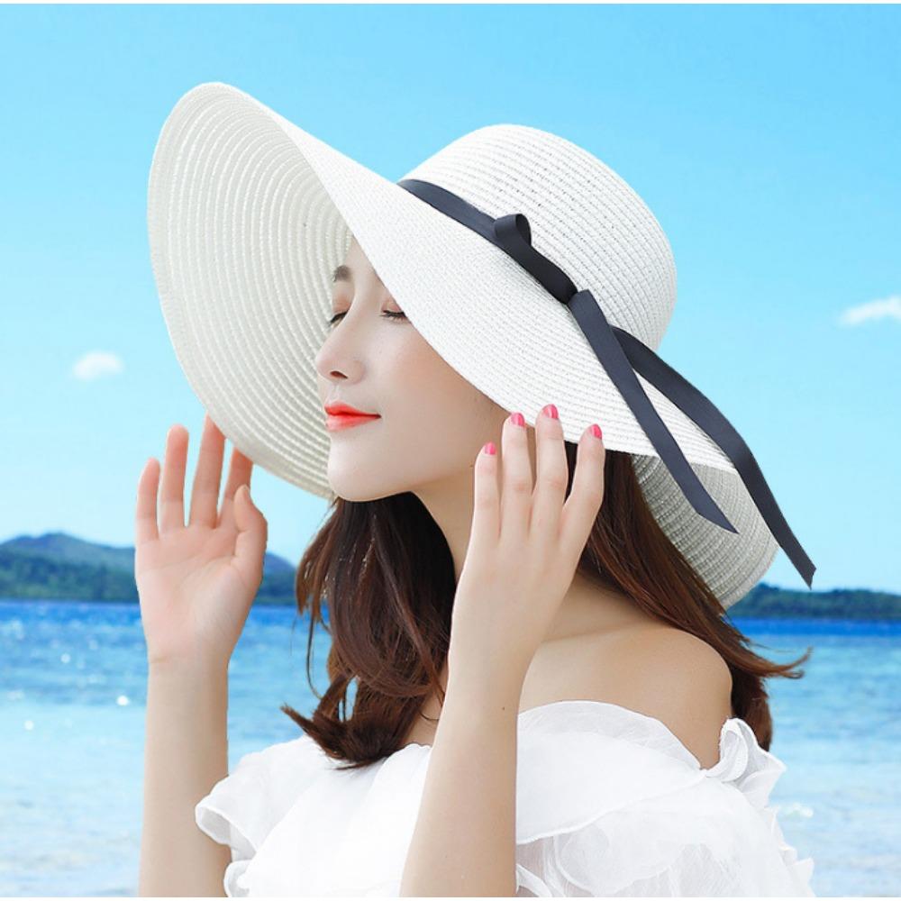 Damen Einfache Mode Einfarbig Flache Krempe Sonnenschutz Strohhut, Geeignet für Ausflüge im Freien, Strandurlaub am Meer, Sommer-Sonnenschutz-Geschenk