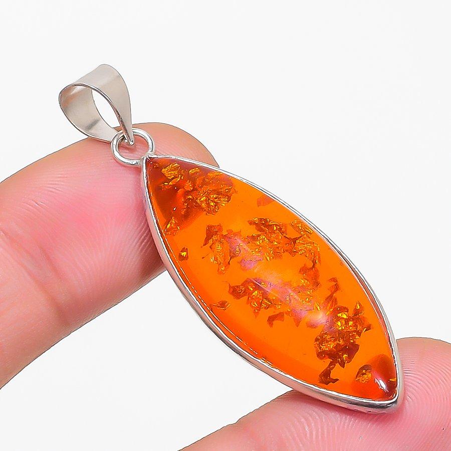 Baltic Amber Gemstone Handmade 925 Sterling Silver Jewelry Pendant 1.97" KJ-1595