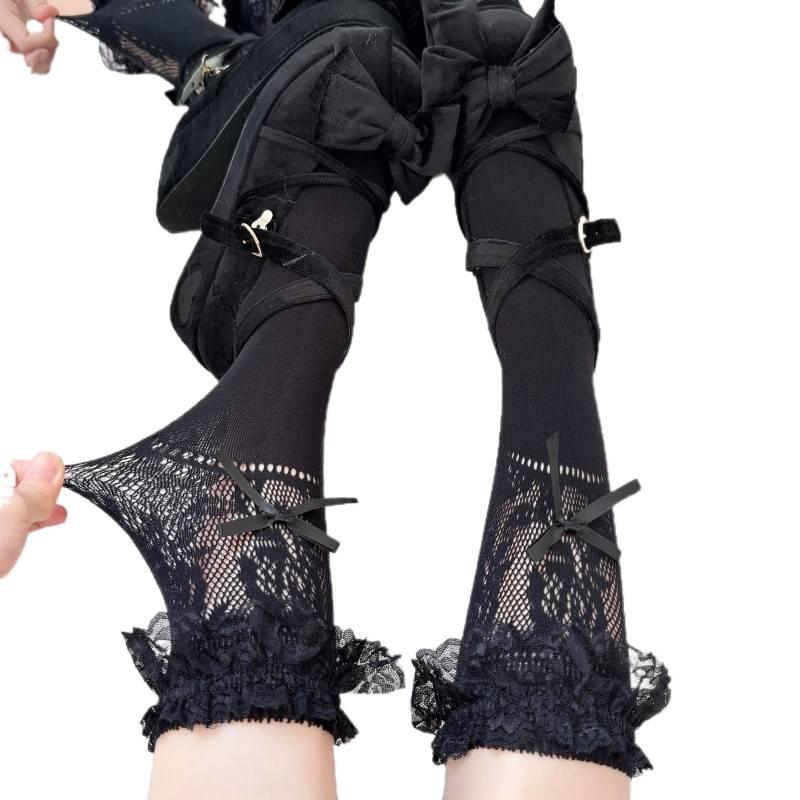 Lace Trim Lolita Ballet Bow Mid-Calf Socks - Spring/Summer Hollow Out Style