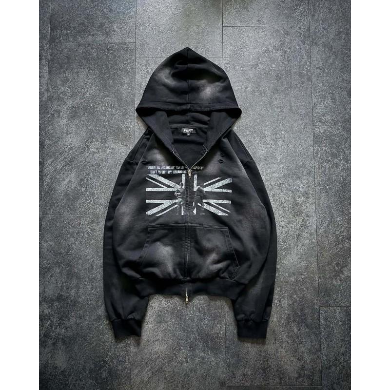 Womens Oversized Hooded Sweatshirt With Vintage Union Jack Print Streetwear Casual Long Sleeve Pullover