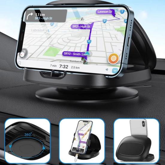 Car Phone Mount 360 Degree Rotation Dashboard Holder for Smartphones Washable Reusable Bracket with Strong Adhesion Suction Cup Wide Compatibility