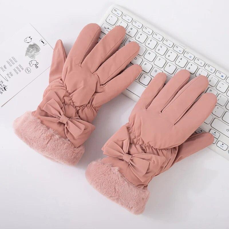 Vinterhandskar Dam Pekskärm Mjuk Hudvänlig Elegant båge Handled Utomhus Tjocka Varm Cykling Körning Damhandskar