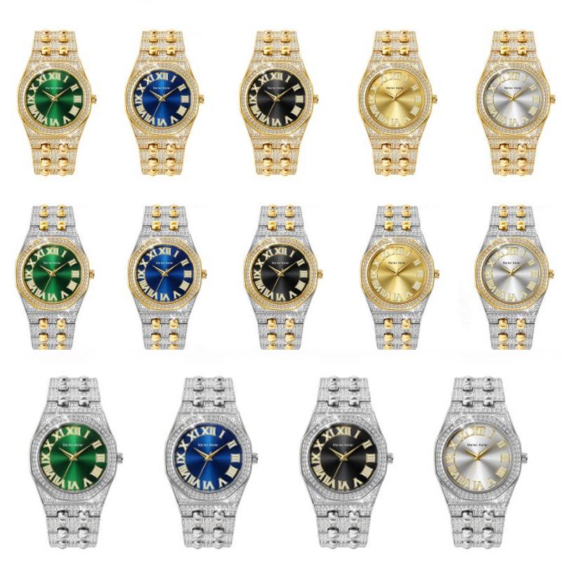 Mens Bling Diamond Watch Zinc Alloy Waterproof Quartz Wristwatch Roman Numerals Fashion Hip Hop Iced Out Watch for Men