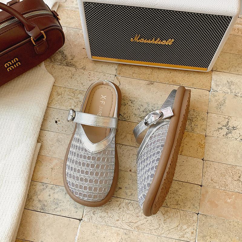 

Summer new Baotou mesh hollow breathable half slippers femininity casual and comfortable shallow mouth flat bottom sandals 35 срібний