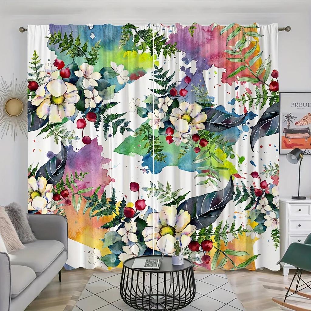 2pcs Wild Flowers Peonies With Watercolor Style Printed Curtains Rod Pocket Curtain  For Living Room Bedroom Windows Home Decor