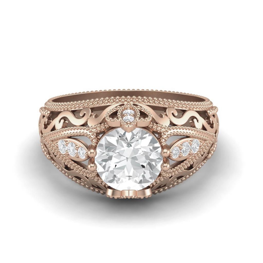 1.45 Ctw Round Moissanite Antique Filigree Design 925 Sterling Silver Rose Vermeil Wedding Women Ring