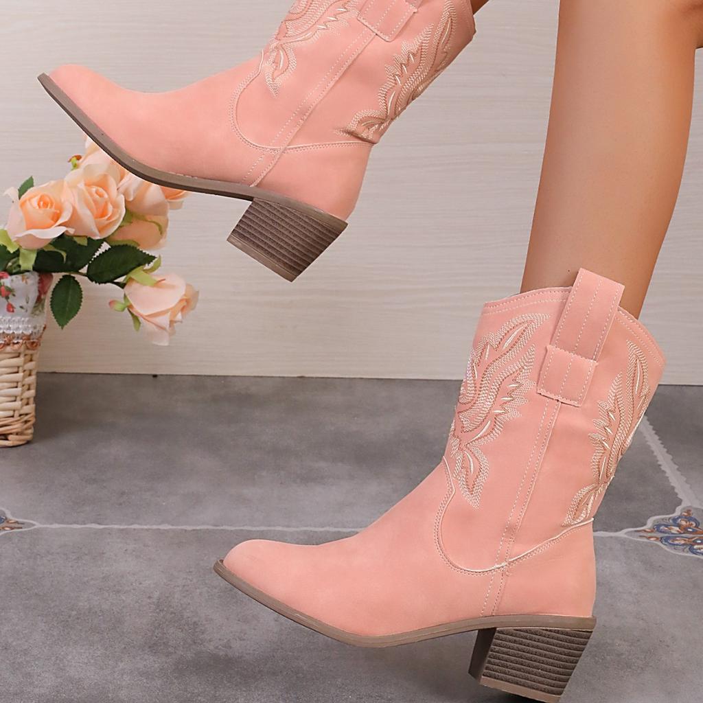 Foreign Trade 2025 New Western Cowboy Boots Knight Boots Women's Medium Tube Embroidery Retro Pointed Thick Heel Medium Tube