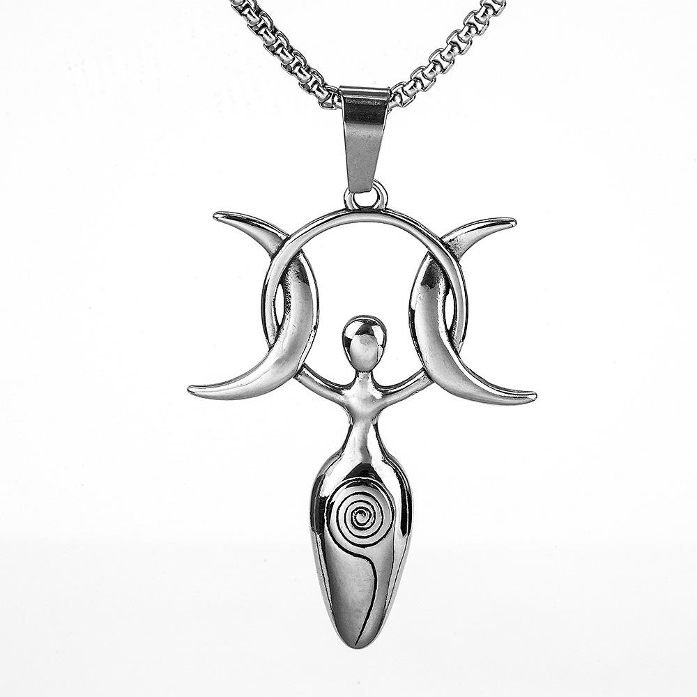 Vintage Stainless Steel Mens Pendant Necklace With 3D Crescent Moon Goddess Charm