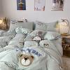 Cute Bear Washed Cotton Bed Four-piece Set Soft Skin-friendly Yellow Quilt Cover Bed Sheet Three-piece Set