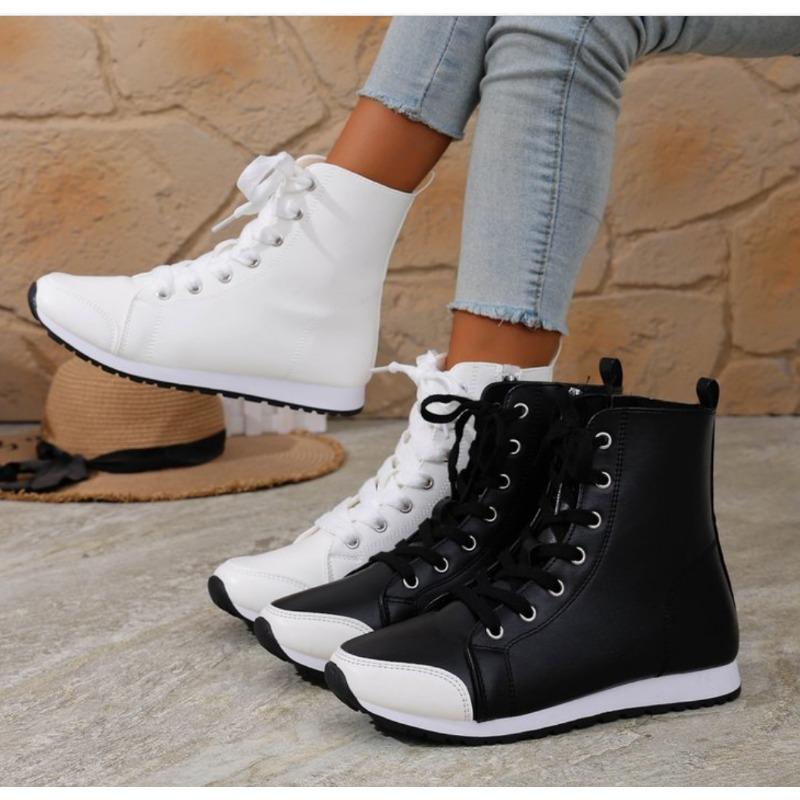 Fashion Women's Chic High-Top Boots with Side Zipper Lace-up Comfortable Fabric Lining Sneakers White Black Fashion High Gang Shoes