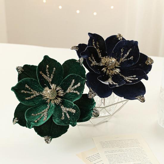 Artificial Poinsettia Flower Picks Velvet Glitter Magnolia Flower with Stem Christmas Tree Ornaments for Xmas New Year Party Wedding Holiday Decor