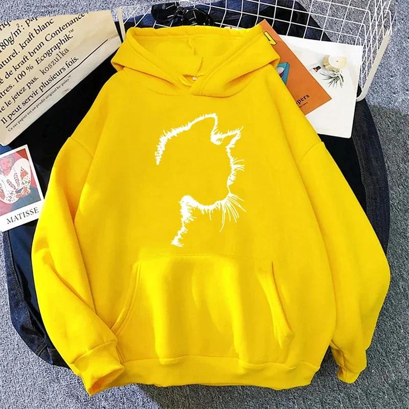 Woman Hoodies Cute Cat Print Hooded Long Sleeve Pullover Ladies Home Outdoor Comfort Warm Loose Sweatshirts Daily Casual Coats