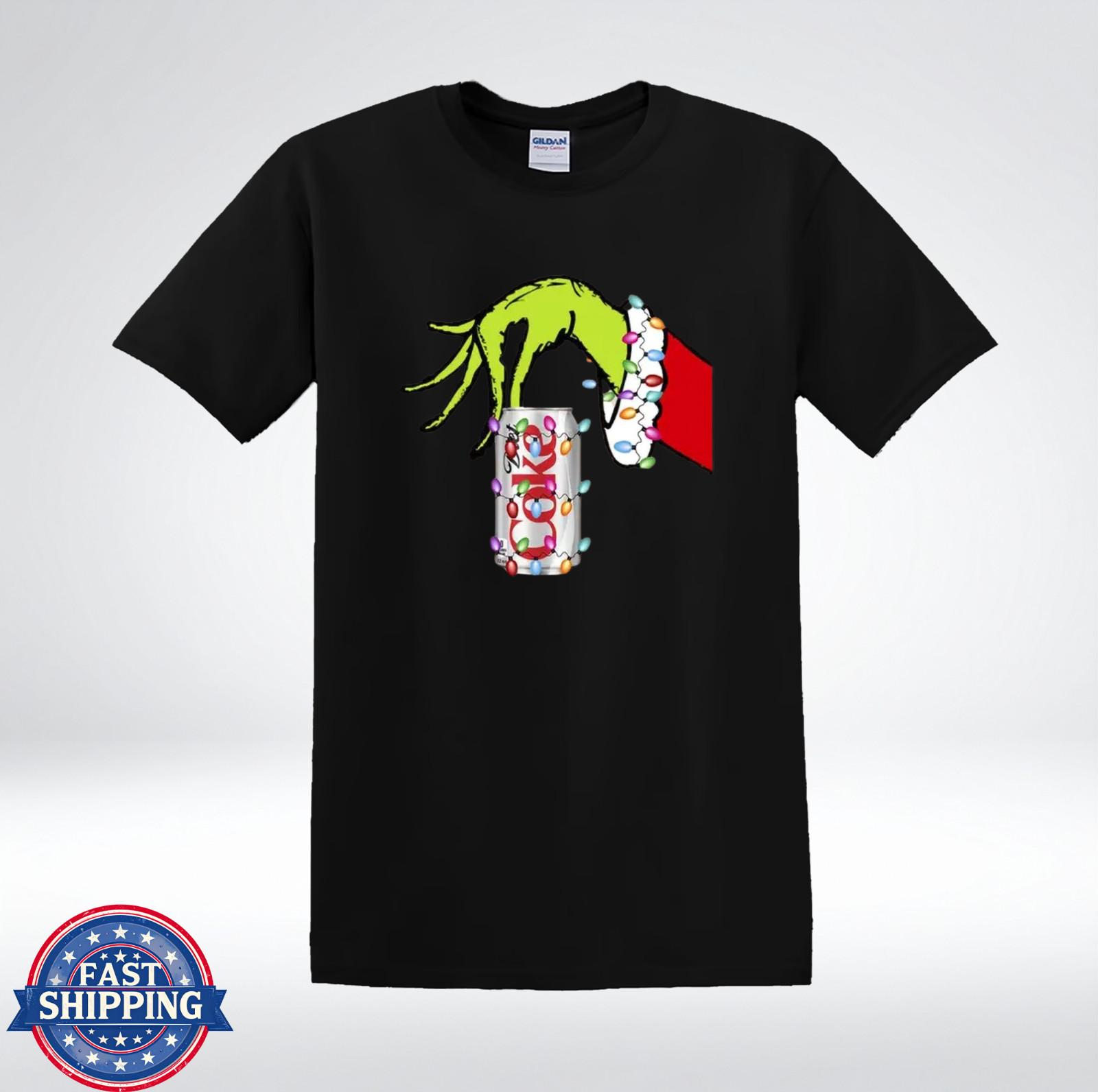 Grinch Hand Holding Can With Christmas Lights Funny Tee T-Shirt L