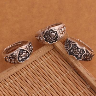 Buyee 925 Silver Couples Ring Carved Flower Original Design Open Ring for Women Man Fashion Gray Fine Jewelry Circle