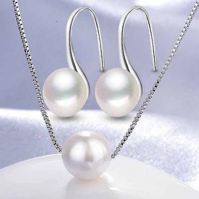 Simple Artificial Pearl Pendant Necklace Earrings Jewelry Set  For Women