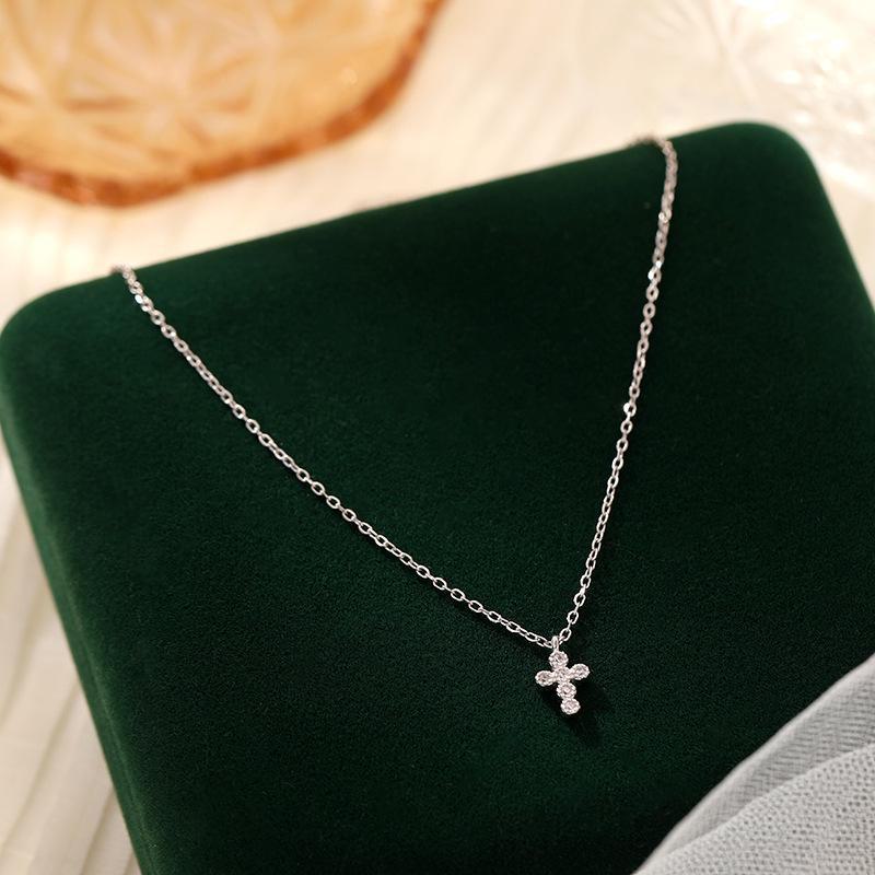 Korean Style 925 Sterling Silver Zircon Cross Necklace
