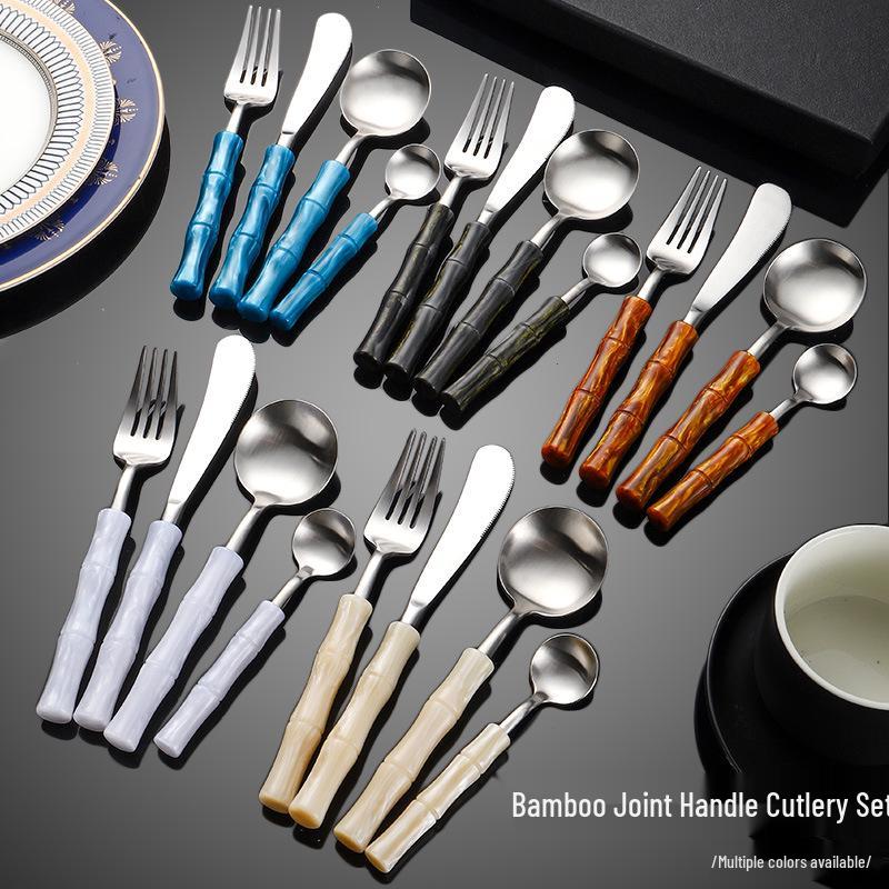Bamboo Handle Stainless Steel Cutlery Set: Steak Knife, Fork & Dessert Spoon in Gift Box.