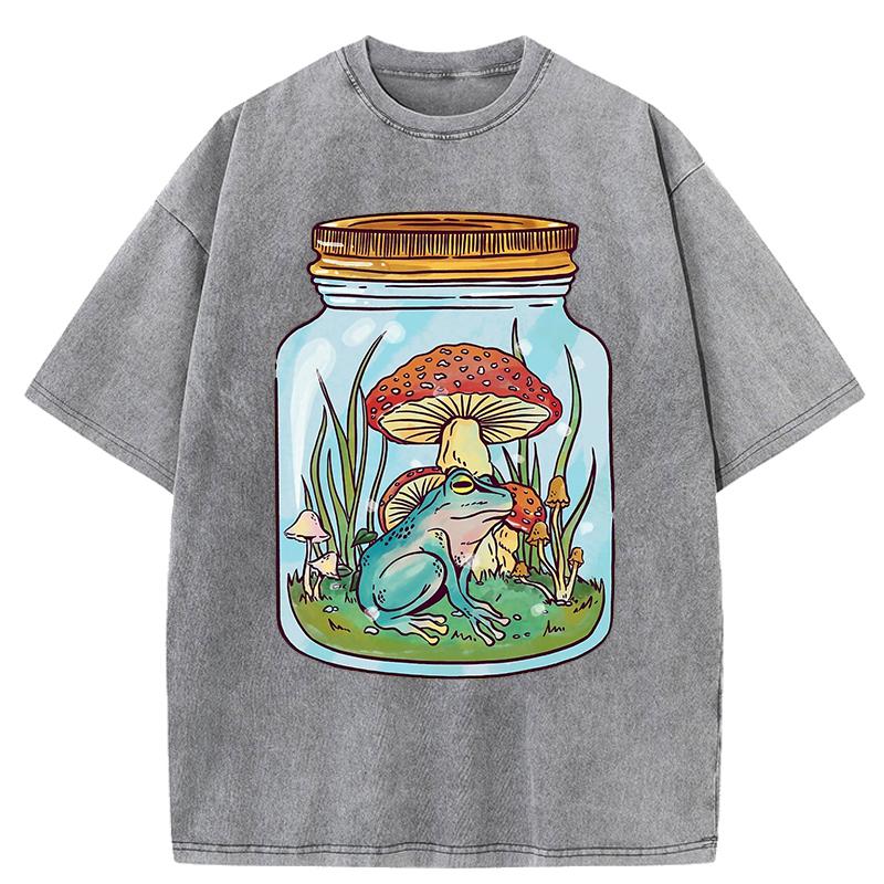 Cute Frog With Mushrooms In Mason Jar Print Women Washed T Shirts Summer Cotton T-Shirt Loose Streetwear Soft Clothes
