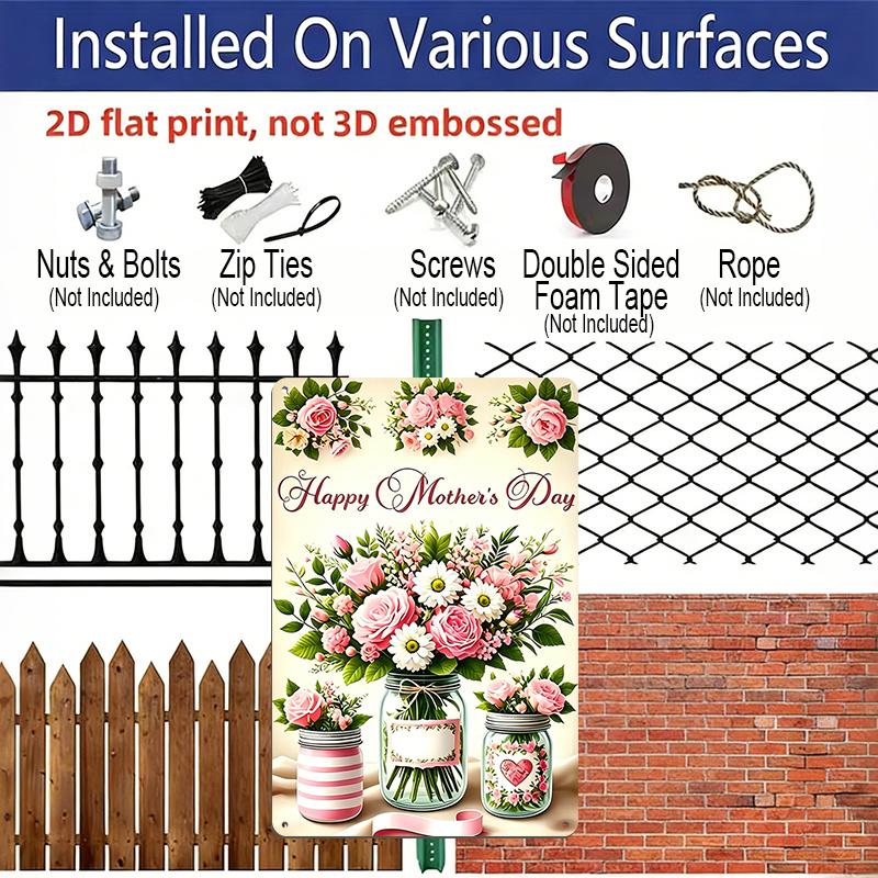 2D Flat 1pc “Happy Mother's Day” Floral Mason Jar Metal Sign (7.87 X 11.81 Inches) – Aluminum Vintage Rose Flower Decor for Mom, Home, and Kitchen –